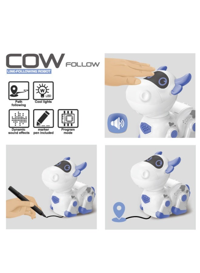 فولو روبوت ذكي على شكل بقرة: تحكم عن بعد بالأشعة تحت الحمراء لحركة خطية، تصميم كرتوني باللونين الأبيض والأزرق، لعبة برمجة للأطفال - Image 4